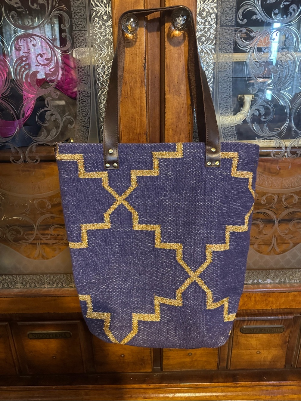 Sapana Tote Bag with Geometric Gold Pattern - Purple Woven